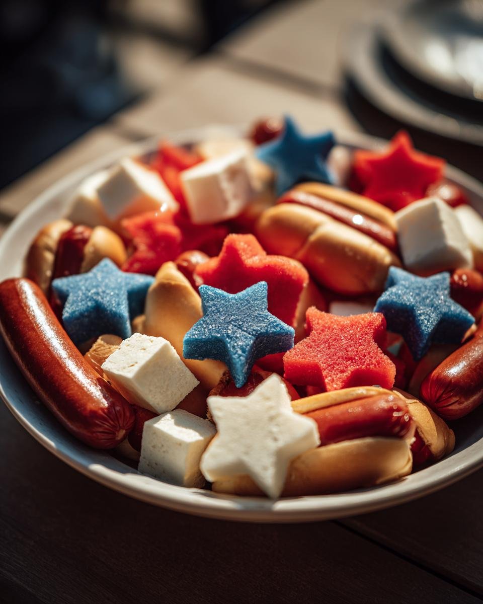 Sch&uuml;ssel mit W&uuml;rstchen im Br&ouml;tchen, K&auml;sew&uuml;rfeln und roten und blauen Sternen als Viertes Juli Snack Ideen.