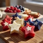Rote, wei&szlig;e und blaue Stern-Snacks mit einem inneren Stern aus K&auml;se, perfekt f&uuml;r Viertes Juli Snack Ideen.