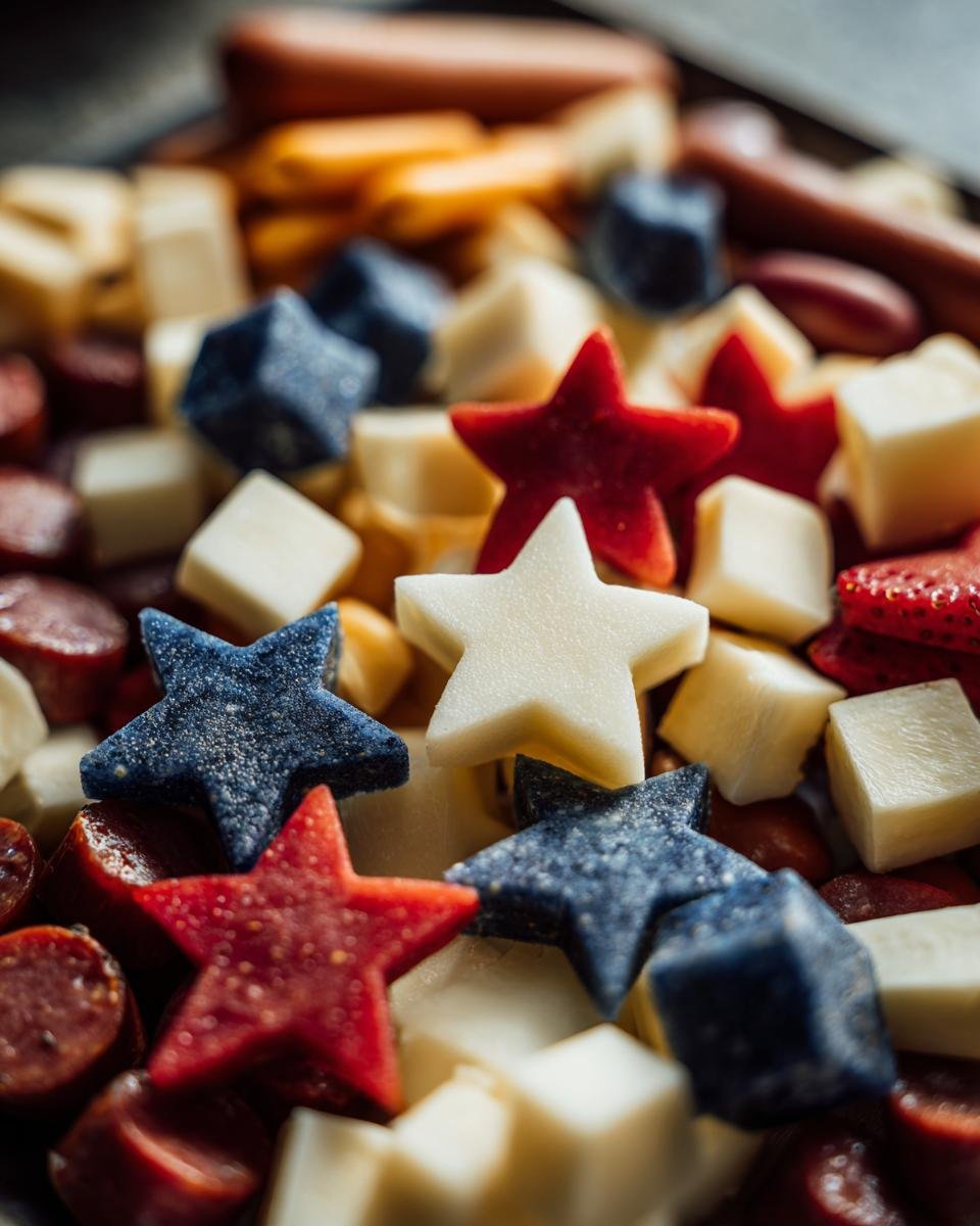 Nahaufnahme von Sternen in Rot, Wei&szlig; und Blau, umgeben von W&uuml;rfeln aus K&auml;se und Wurstst&uuml;cken, als Teil von Viertes Juli Snack Ideen.