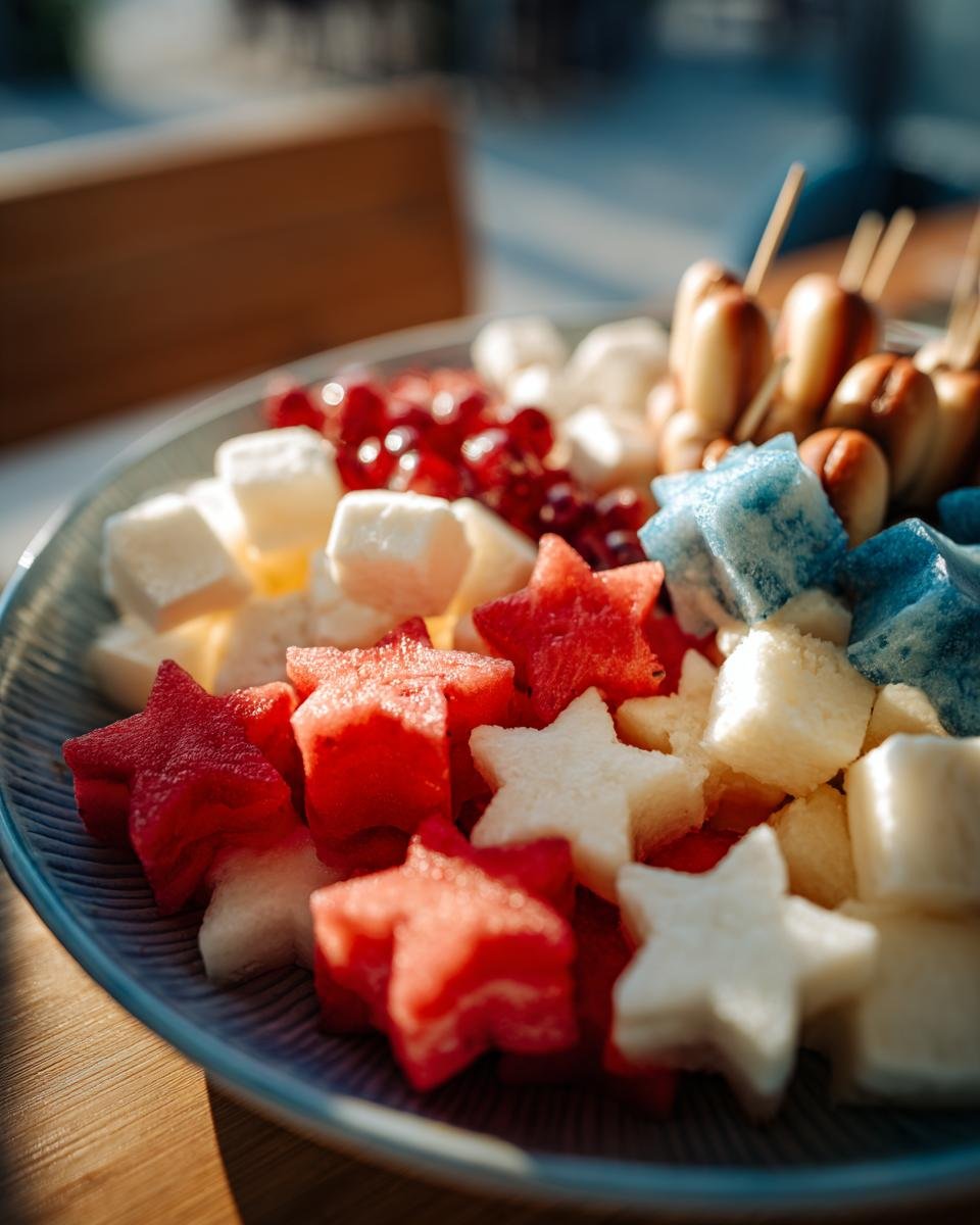 Bunte Sternchen-Snacks f&uuml;r den Vierten Juli: Wassermelone, Melone und Blaubeeren.