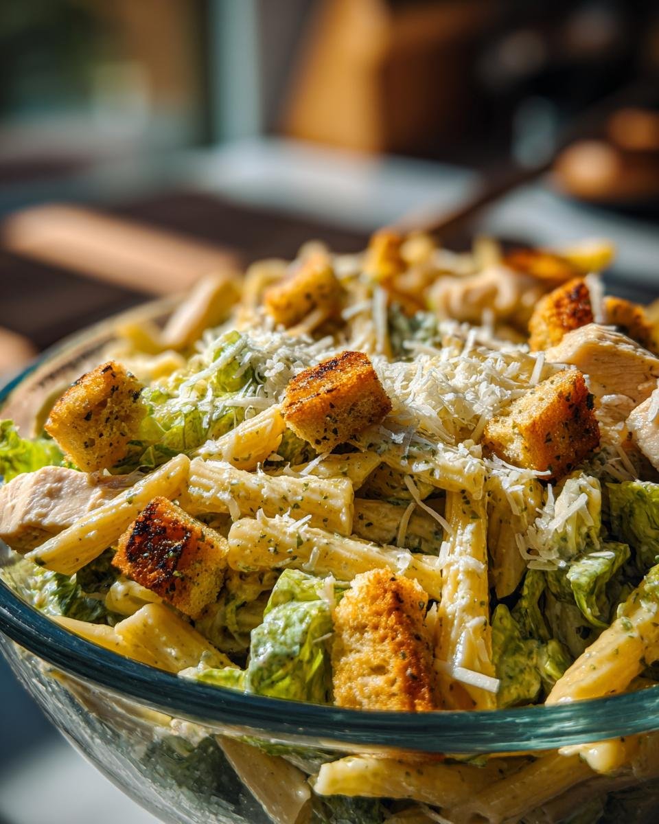Nahaufnahme einer Sch&uuml;ssel mit Wholesome Caesar Pasta Salad Delight, belegt mit Croutons und geriebenem Parmesan.