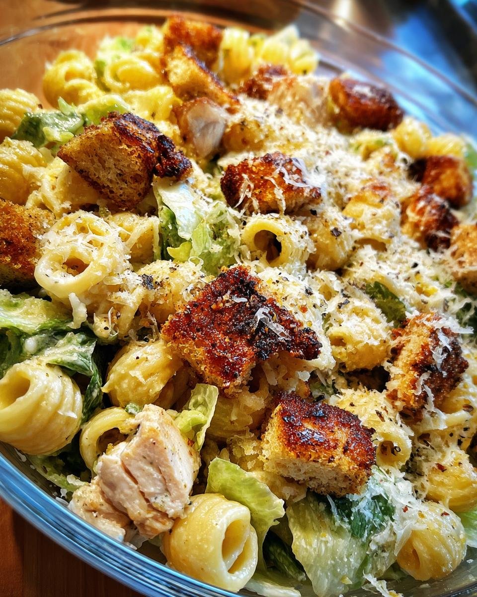 Nahaufnahme einer Sch&uuml;ssel mit Wholesome Caesar Pasta Salad Delight, garniert mit Croutons, H&auml;hnchen und Parmesan.