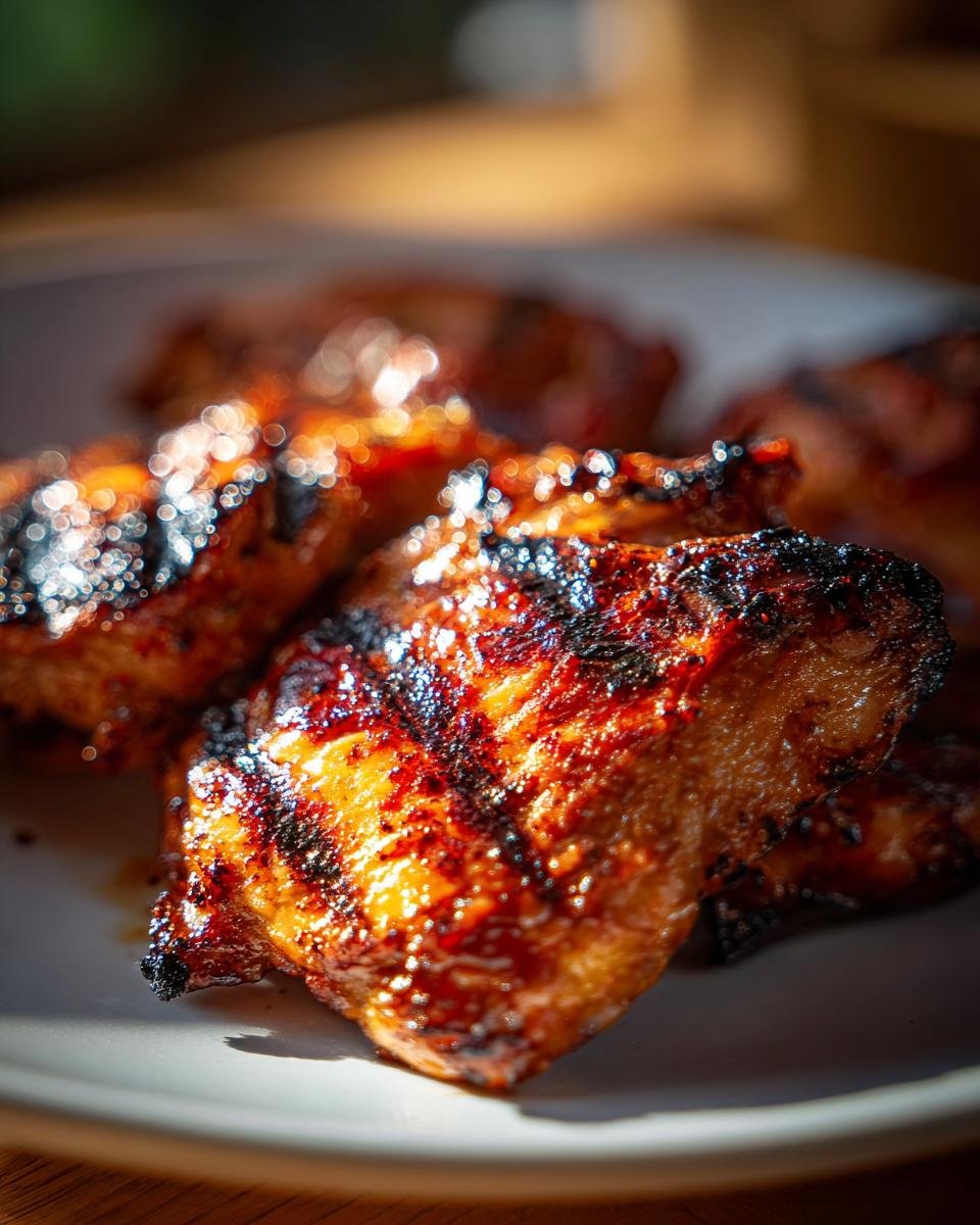 Nahaufnahme von saftigem, gegrilltem H&auml;hnchen mit k&ouml;stlichen Grillstreifen, mariniert mit einer w&uuml;rzigen asiatischen Marinade.