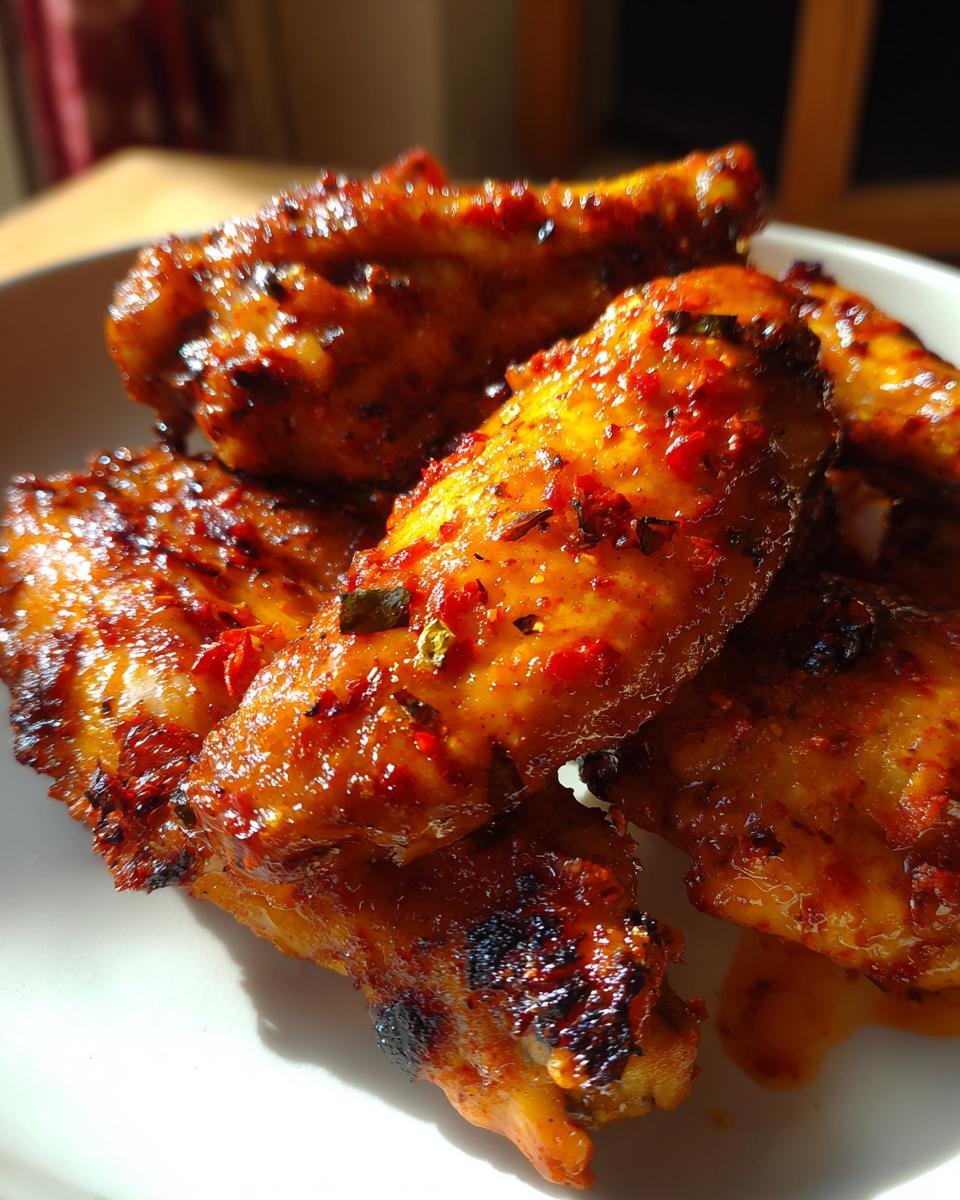 Nahaufnahme von scharfen H&auml;hnchenfl&uuml;geln, glasiert und mit Chiliflocken bestreut, Teil der 10 w&uuml;rzigen H&auml;hnchenrezepte.