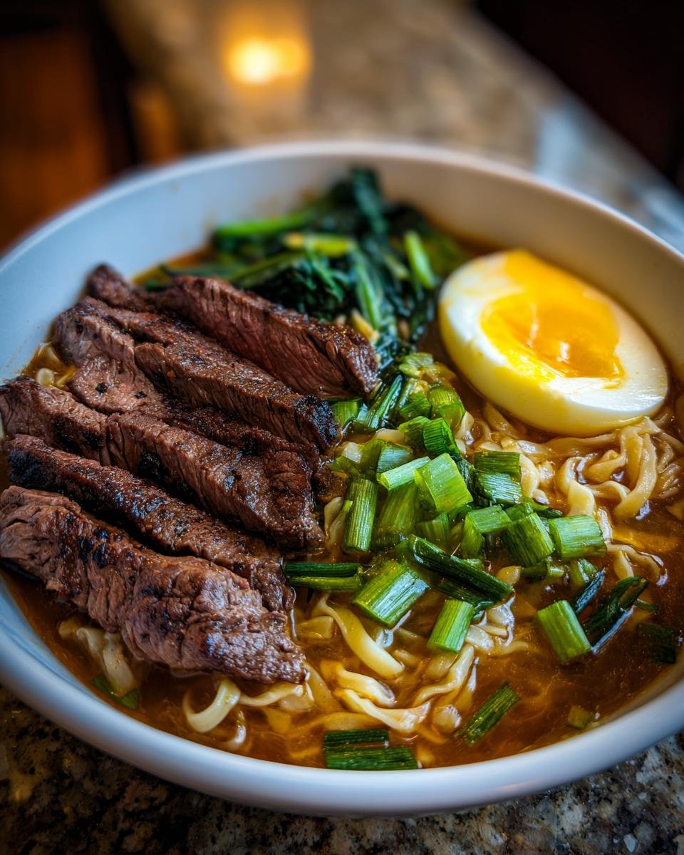 Nahaufnahme einer Schüssel mit würzigem koreanischem Ramen, garniert mit gegrilltem Rindfleisch, Frühlingszwiebeln, einem gekochten Ei und Spinat.