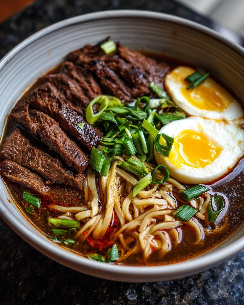 Nahaufnahme einer Schüssel würziges koreanisches Ramen mit gegrilltem Rindfleisch, Nudeln, Ei und Frühlingszwiebeln.