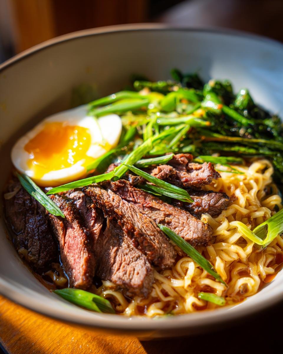 Nahaufnahme von würzigem koreanischem Ramen mit gegrilltem Rindfleisch, einem halben gekochten Ei und Frühlingszwiebeln.