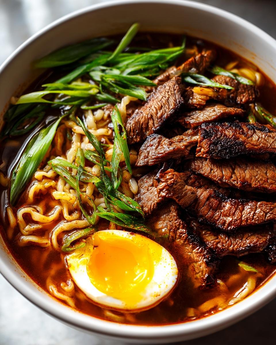 Nahaufnahme von würzigem koreanischem Ramen mit gegrilltem Rindfleisch, Nudeln, einem halben Ei und Frühlingszwiebeln.