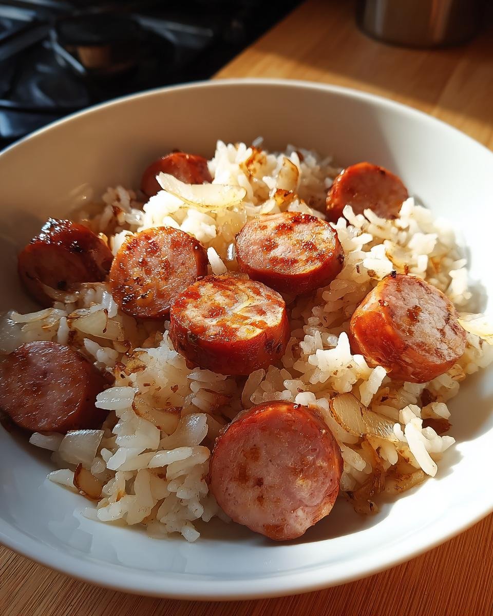 Nahaufnahme von Wurst und Reis in einer weißen Schüssel, das Gericht Wurst und Reis.