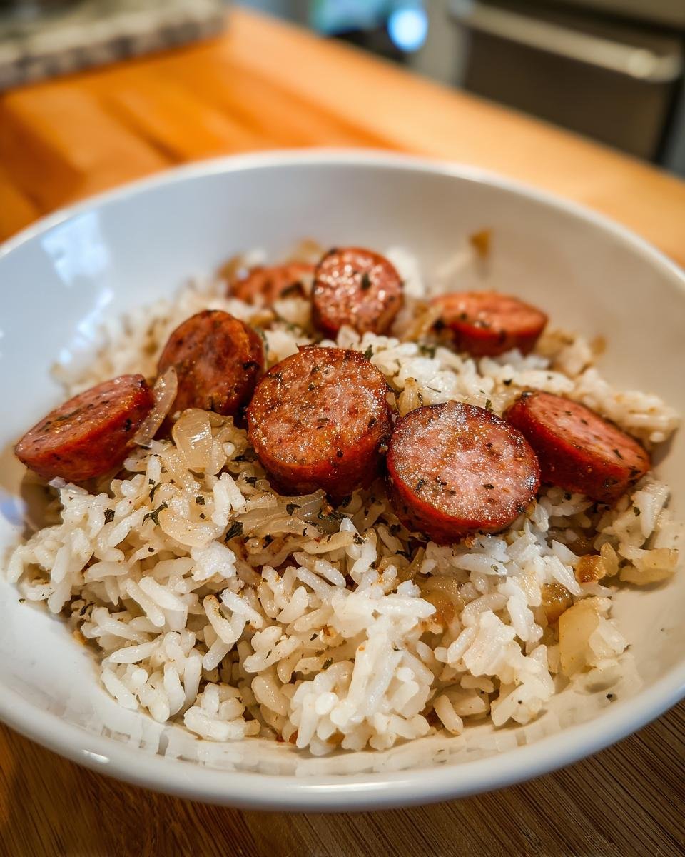 Nahaufnahme von gebratener Wurst auf lockerem Reis mit Zwiebeln, ein Gericht für Wurst und Reis.