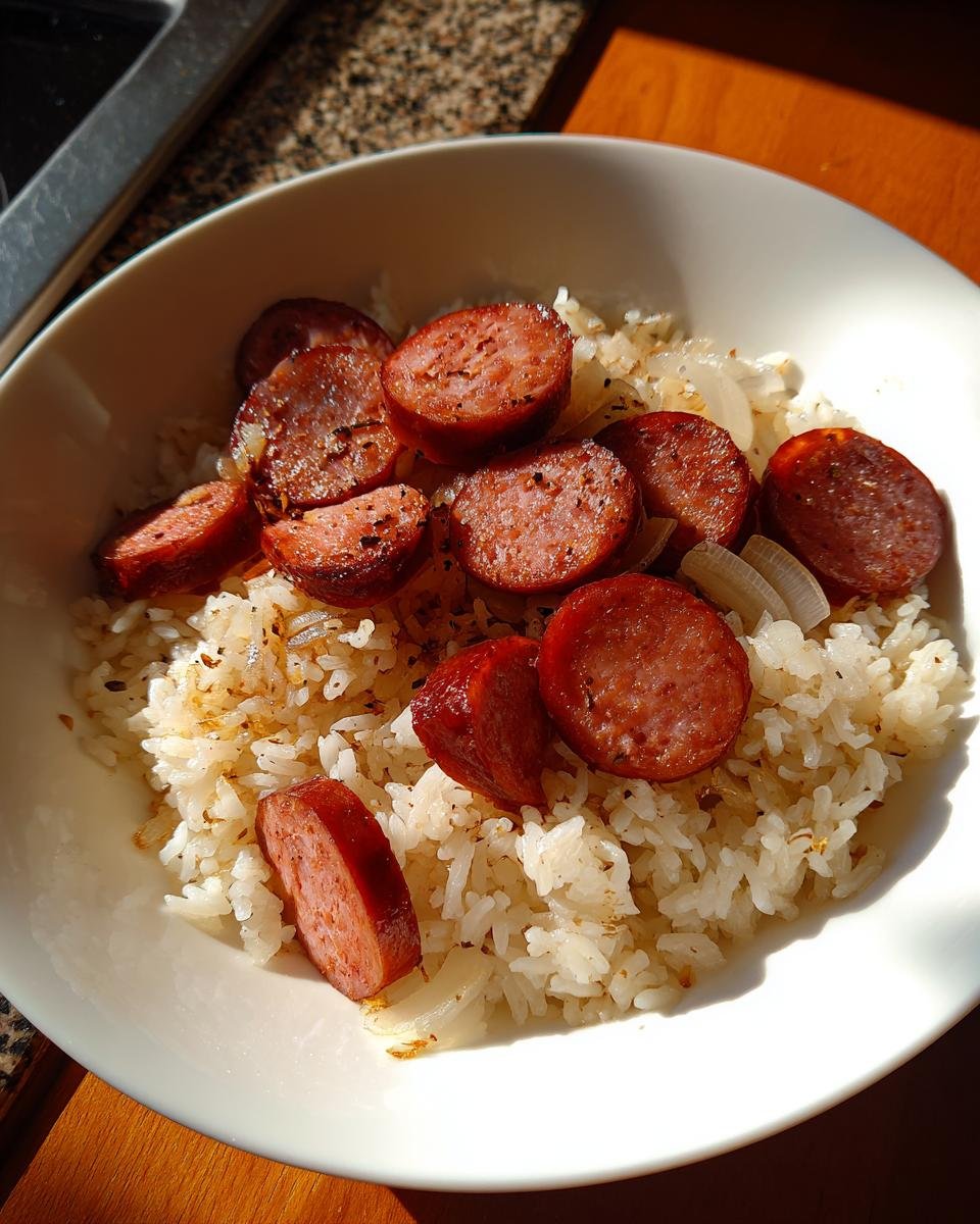 Nahaufnahme von gebratener Wurst mit Reis und Zwiebeln in einer weißen Schüssel – das perfekte Wurst und Reis Gericht.