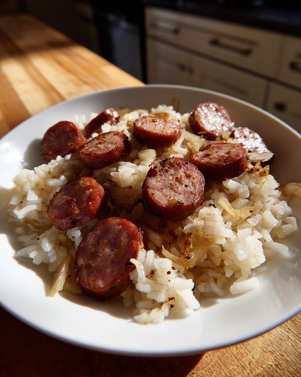 Nahaufnahme von gebratener Wurst mit Reis und Zwiebeln in einer weißen Schüssel: Wurst und Reis.