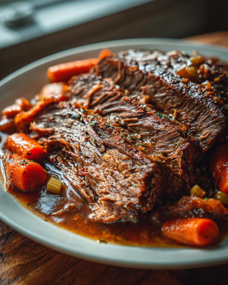 Nahaufnahme von zartem, zerfasertem Dutch Oven Pot Roast mit glasierten Karotten in dunkler Soße.