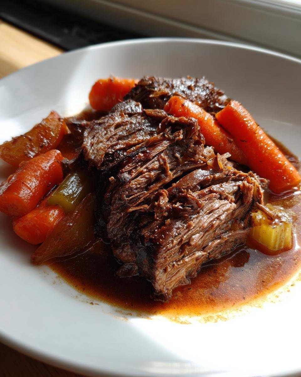 Ein Stück zarter Dutch Oven Pot Roast mit großen Karottenstücken in dunkler Soße auf einem weißen Teller.