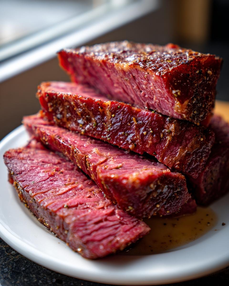 Nahaufnahme von aufgeschnittenem, saftigem Air Fryer Corned Beef mit Gew&uuml;rzkruste auf einem wei&szlig;en Teller.