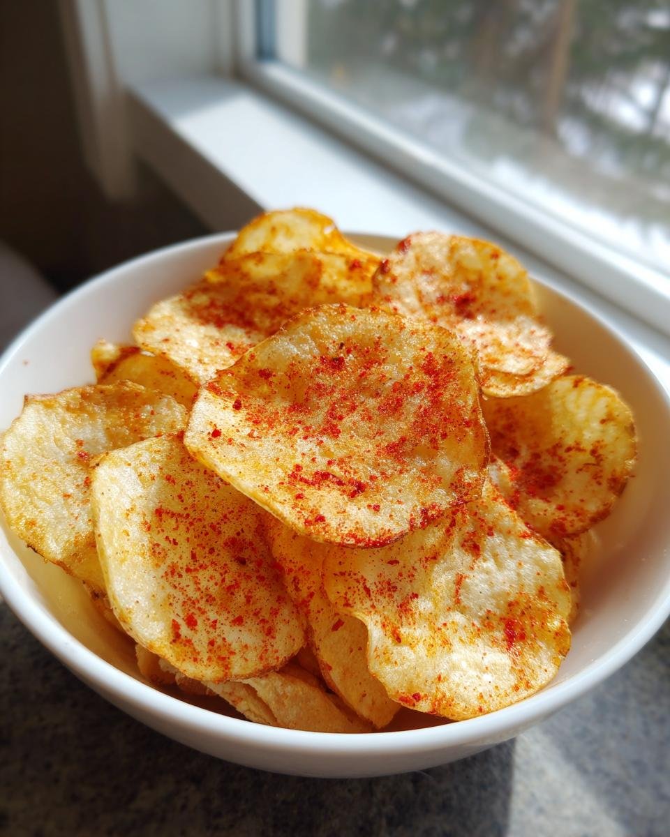 Eine Sch&uuml;ssel mit knusprigen Air Fryer Kartoffelchips, bestreut mit rotem Paprikapulver.