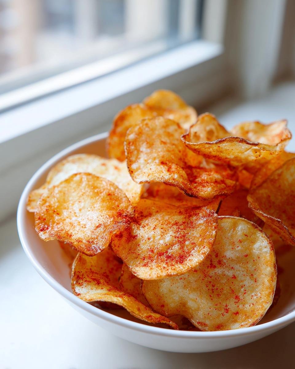Nahaufnahme von knusprigen Air Fryer Kartoffelchips mit Paprikapulver in einer wei&szlig;en Sch&uuml;ssel.