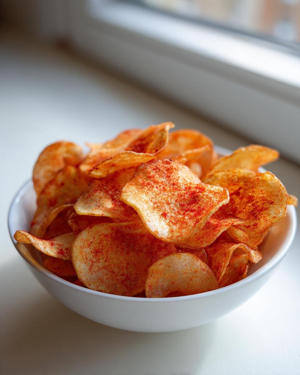 Eine wei&szlig;e Sch&uuml;ssel gef&uuml;llt mit knusprigen Air Fryer Kartoffelchips, bestreut mit rotem Paprikapulver.