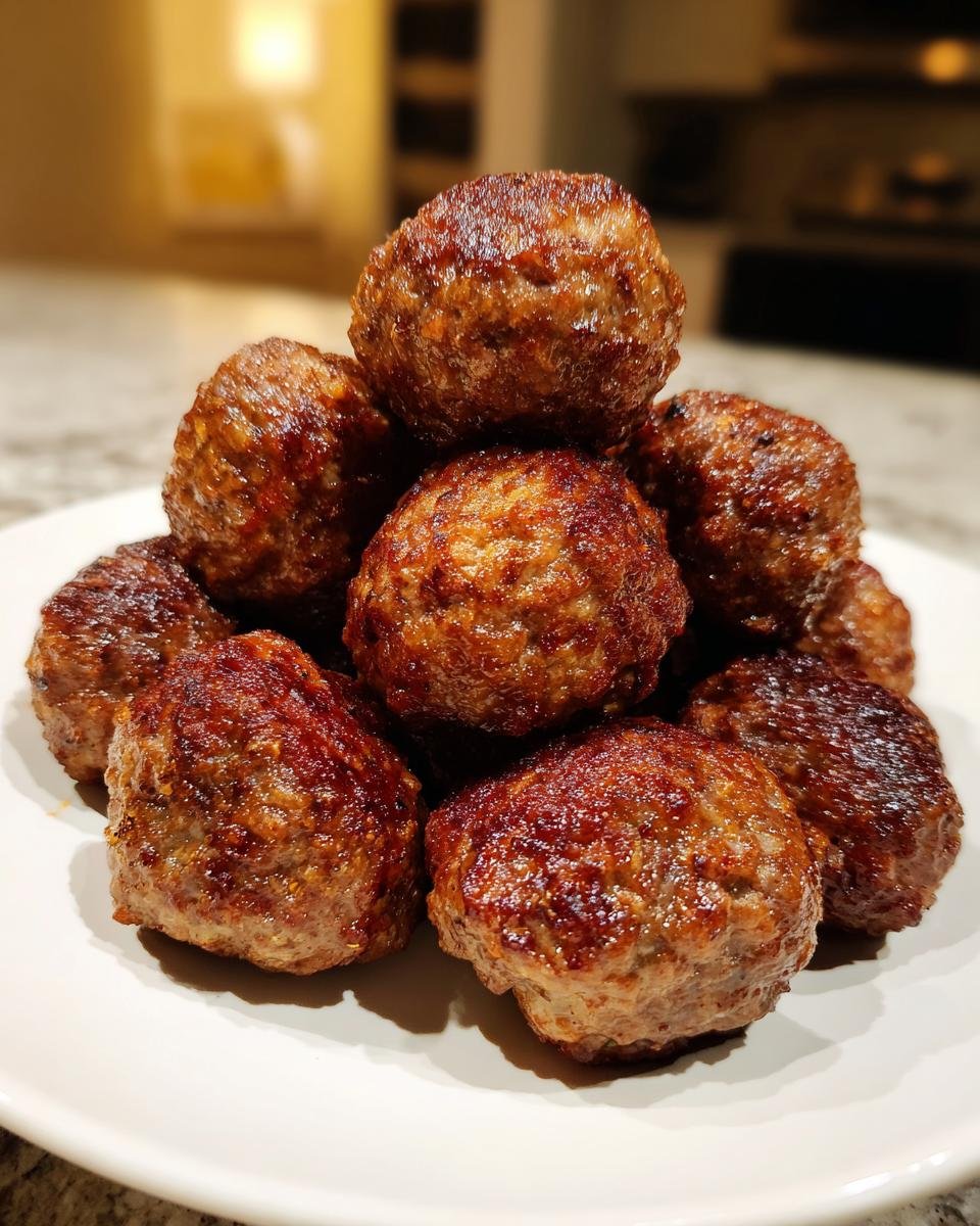 Stapel von saftigen, gebräunten Air Fryer Meatballs auf einem weißen Teller.