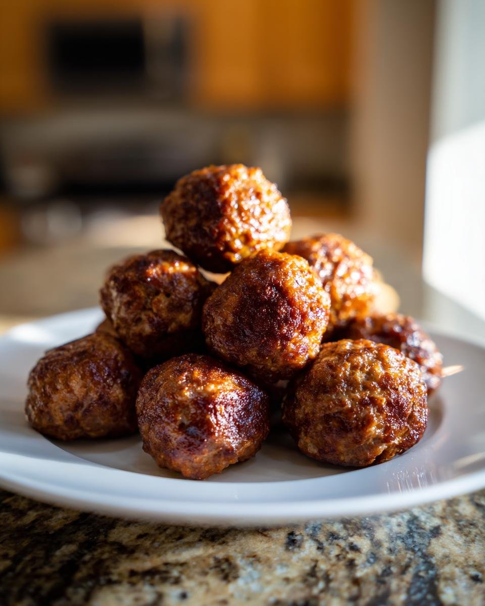 Ein Haufen saftiger Air Fryer Meatballs, goldbraun und glänzend, auf einem weißen Teller gestapelt.