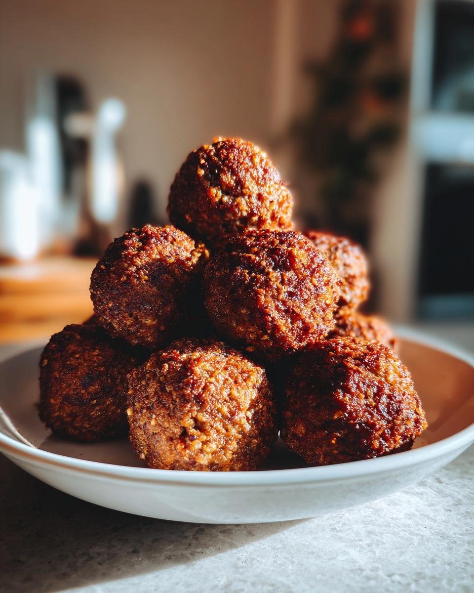 Ein Stapel knuspriger, brauner Air Fryer Meatballs (Fleischbällchen) in einer weißen Schale.