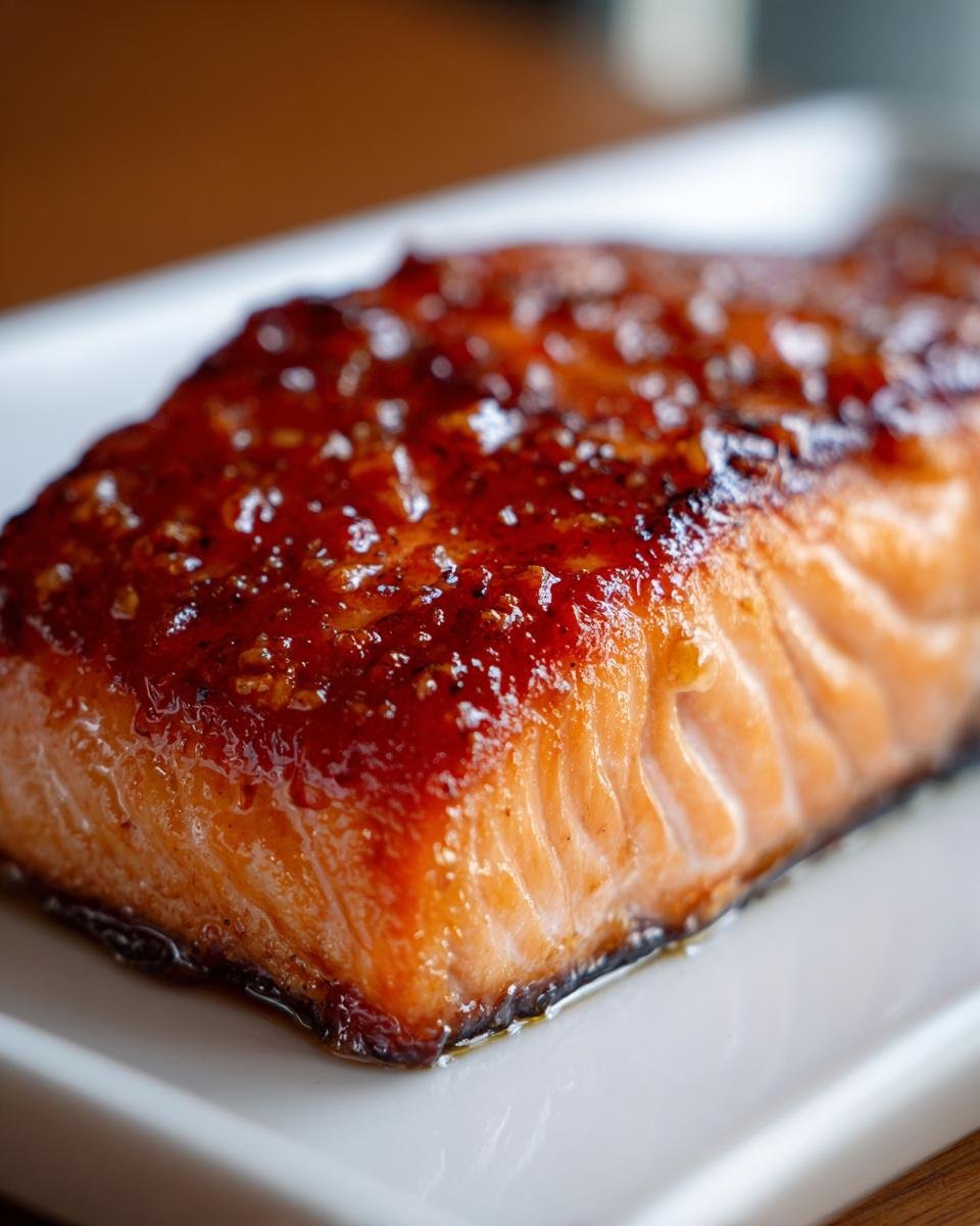 Nahaufnahme eines saftigen Lachsfilets mit gl&auml;nzender Honig-Senf-Glasur, perfekt f&uuml;r Air Fryer Mustard Salmon.