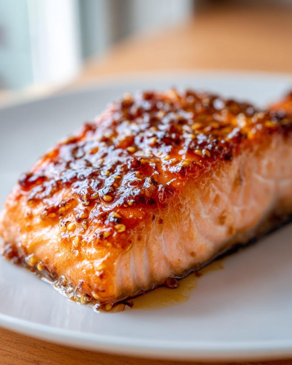 Nahaufnahme eines saftigen Lachsfilets mit gl&auml;nzender Honig-Senf-Glasur, zubereitet als Air Fryer Senf Lachs.