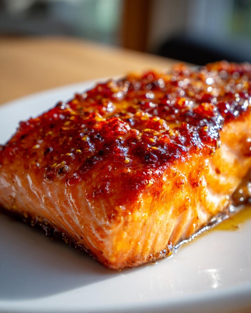 Nahaufnahme eines saftigen Lachsfilets mit gl&auml;nzender, karamellisierter Senfglasur, perfekt f&uuml;r Air Fryer Senf Lachs.