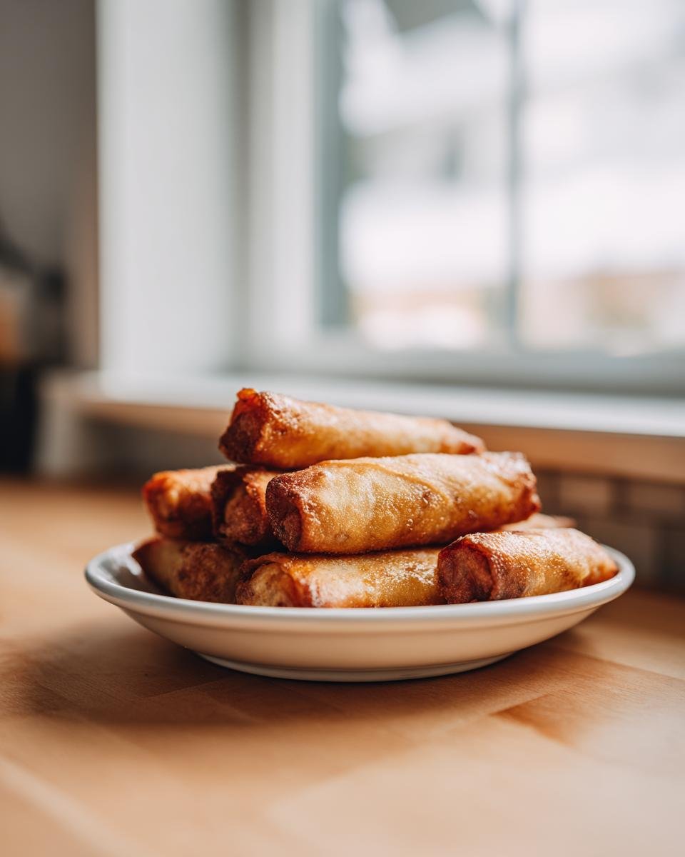 Stapel goldbrauner, knuspriger Air Fryer Spring Rolls auf einem weißen Teller vor einem hellen Fenster.