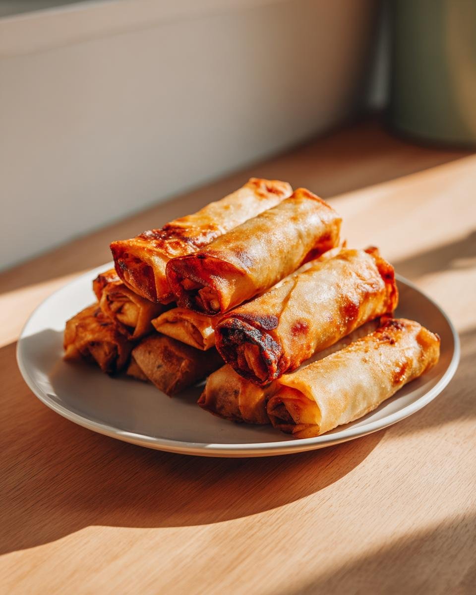 Stapel goldbrauner, knuspriger Air Fryer Spring Rolls auf einem weißen Teller, beleuchtet von Sonnenlicht.
