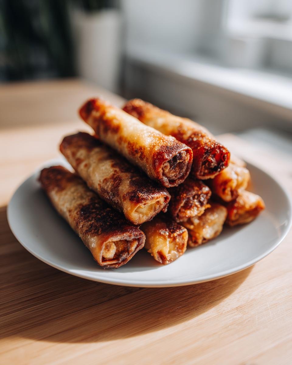 Stapel goldbrauner, knuspriger Air Fryer Spring Rolls auf einem kleinen weißen Teller.