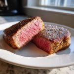 Aufgeschnittenes Air Fryer Steak mit perfektem rosa Kern und dunkler Pfefferkruste auf einem wei&szlig;en Teller.
