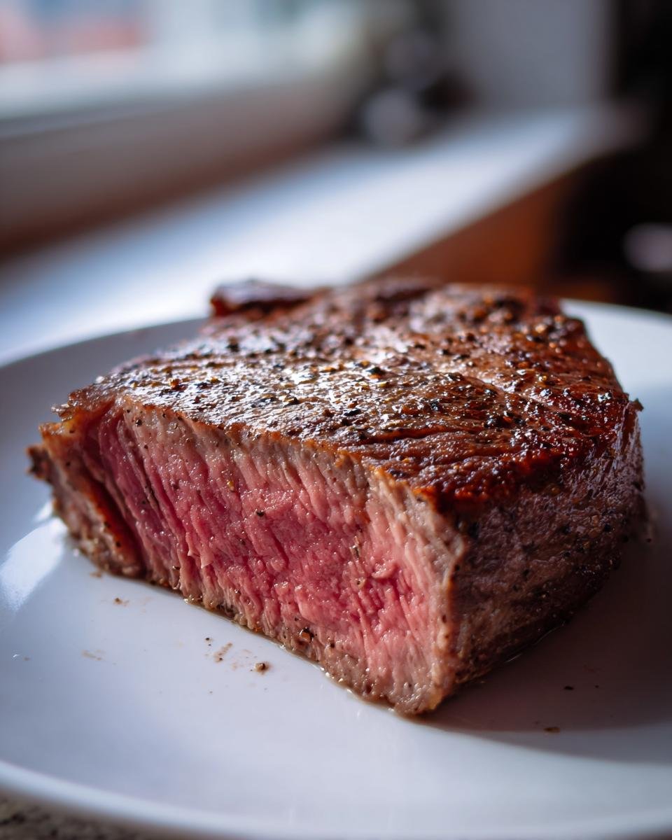 Angeschnittenes Air Fryer Steak mit perfektem rosa Kern auf einem weißen Teller.