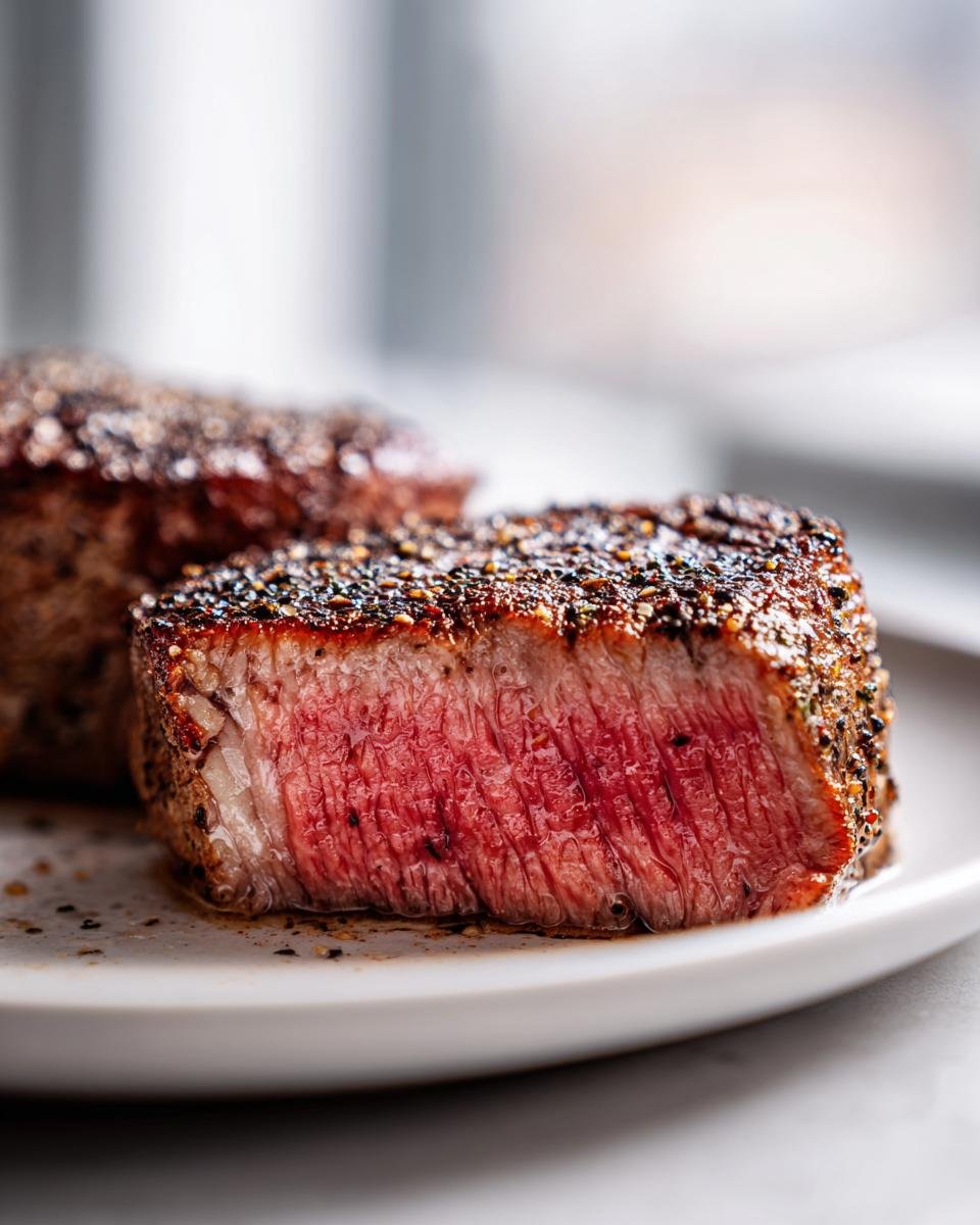 Nahaufnahme eines aufgeschnittenen Air Fryer Steak mit rosa Kern und pfeffriger Kruste.