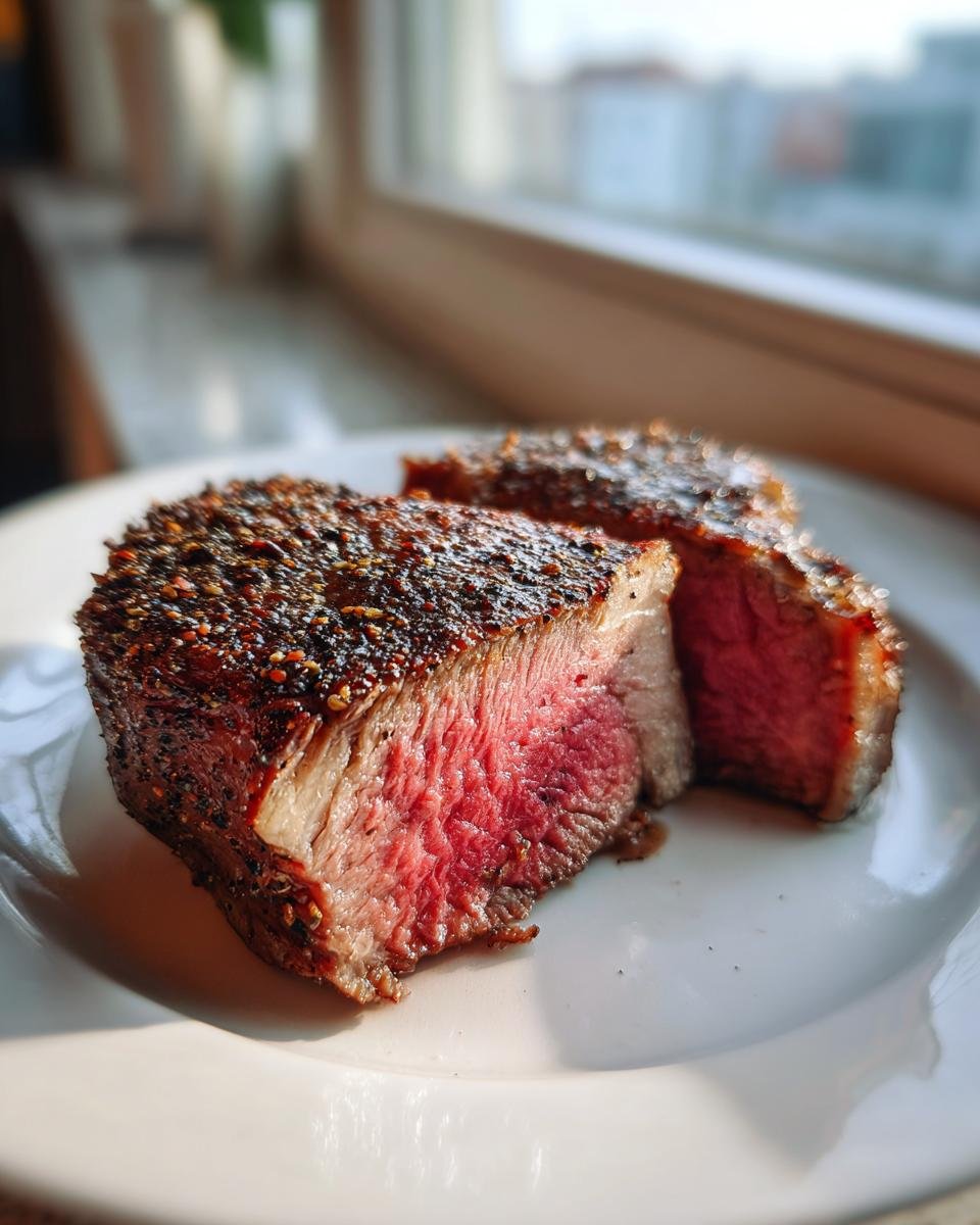 Zwei Hälften eines perfekt gebratenen Air Fryer Steak mit dicker Pfefferkruste, innen rosa.