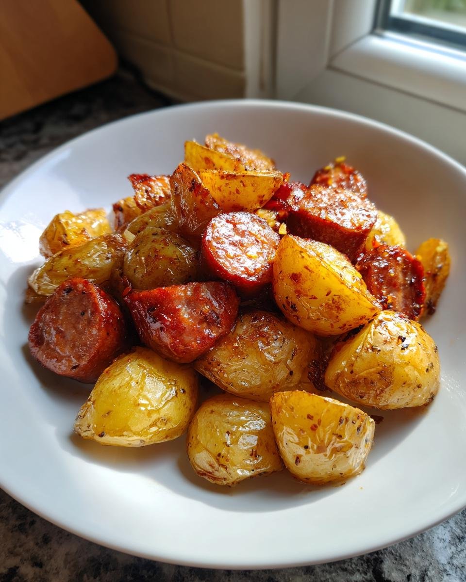Gebackene Kartoffelspalten und Wurstscheiben, gew&uuml;rzt, serviert in einer wei&szlig;en Sch&uuml;ssel: Air Fryer Sausage And Potatoes.