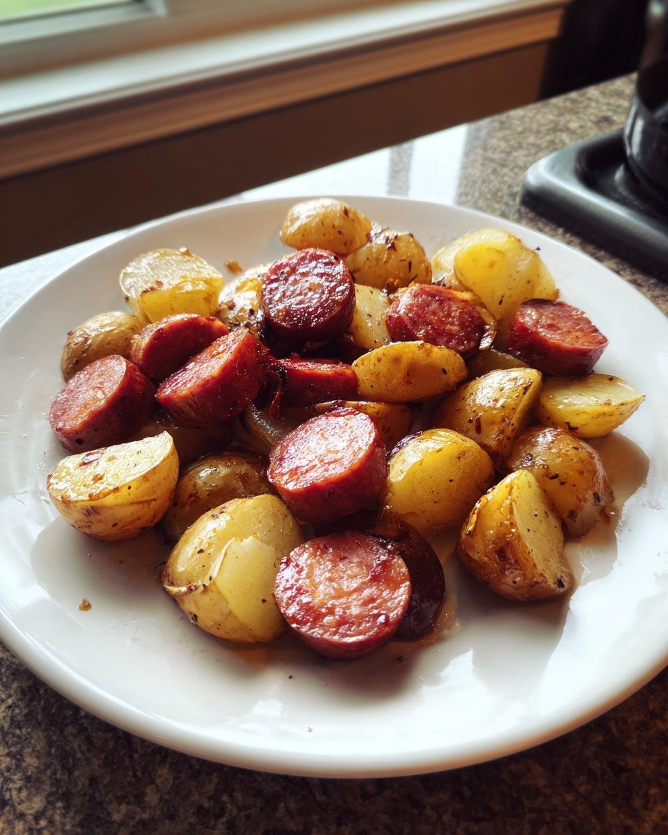 Garnierte Scheiben Wurst und goldbraune Kartoffeln, zubereitet als Air Fryer Sausage And Potatoes.