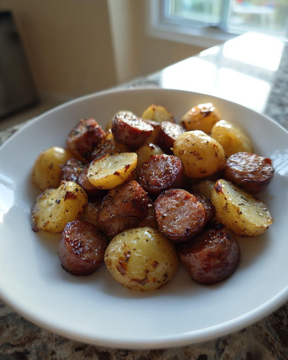 Gebratene Wurstst&uuml;cke und halbierte Kartoffeln aus der Hei&szlig;luftfritteuse, angerichtet in einer wei&szlig;en Schale.