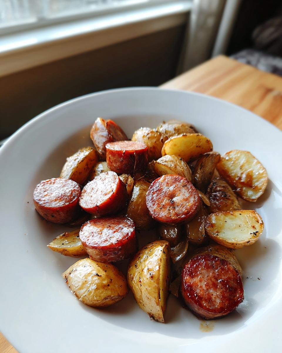 Gebratene Wurstscheiben und goldbraune Kartoffelecken, das perfekte Air Fryer Wurst und Kartoffeln Gericht.