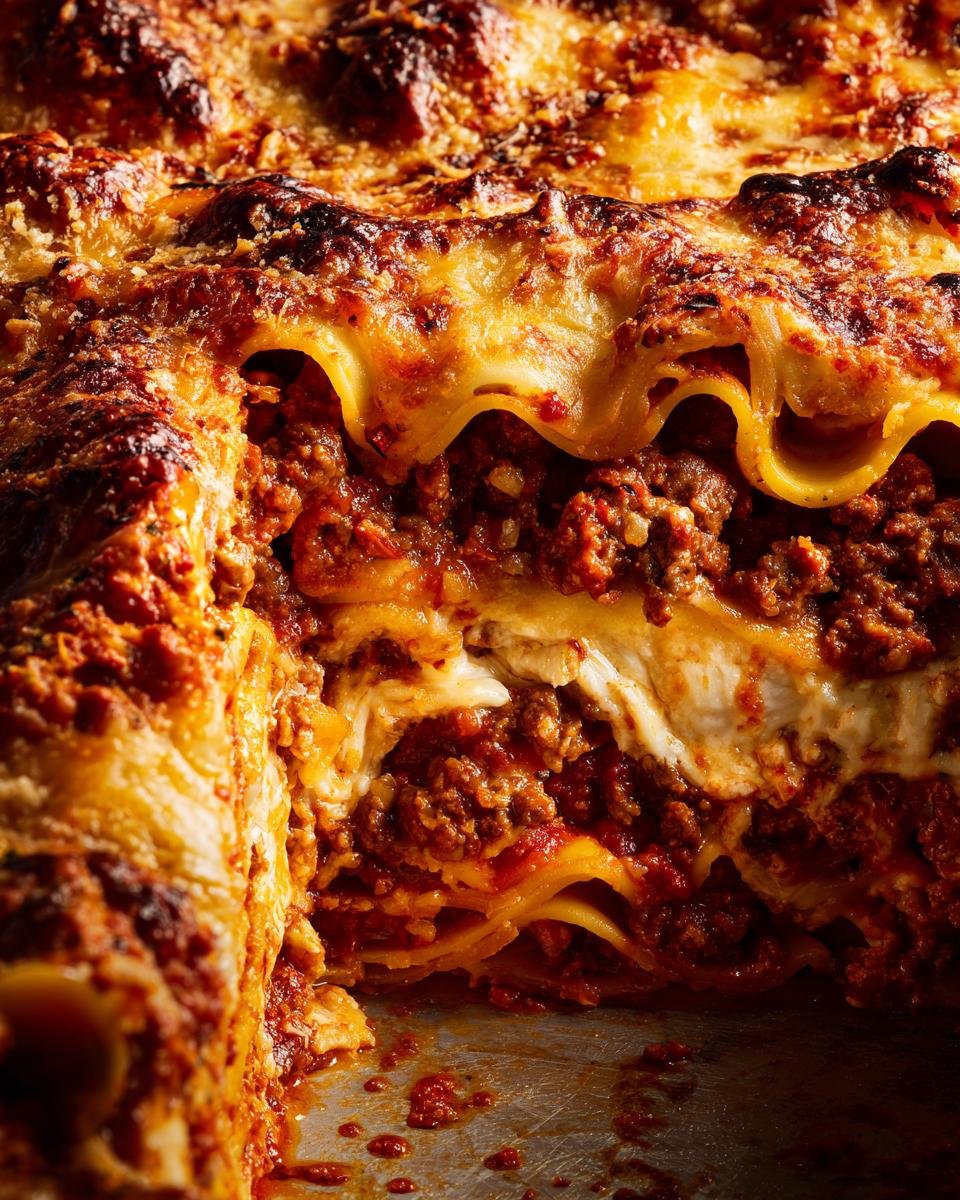 Nahaufnahme einer geschichteten Lasagna Bolognese mit reichhaltiger Bolognese-Sauce und goldbrauner K&auml;sekruste.
