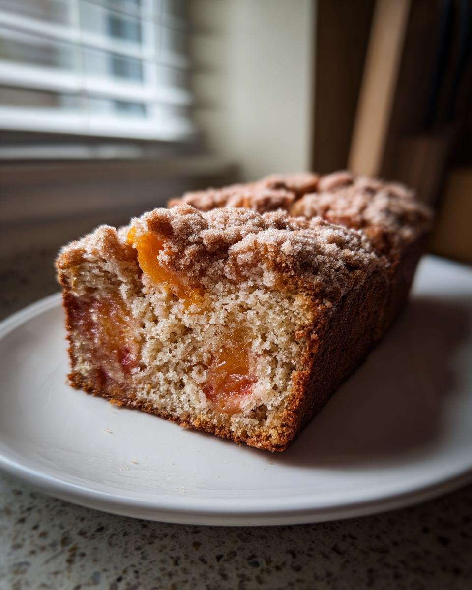 Nahaufnahme eines angeschnittenen Zimt Ahorn Pfirsich Brot mit Streuseln auf einem wei&szlig;en Teller.