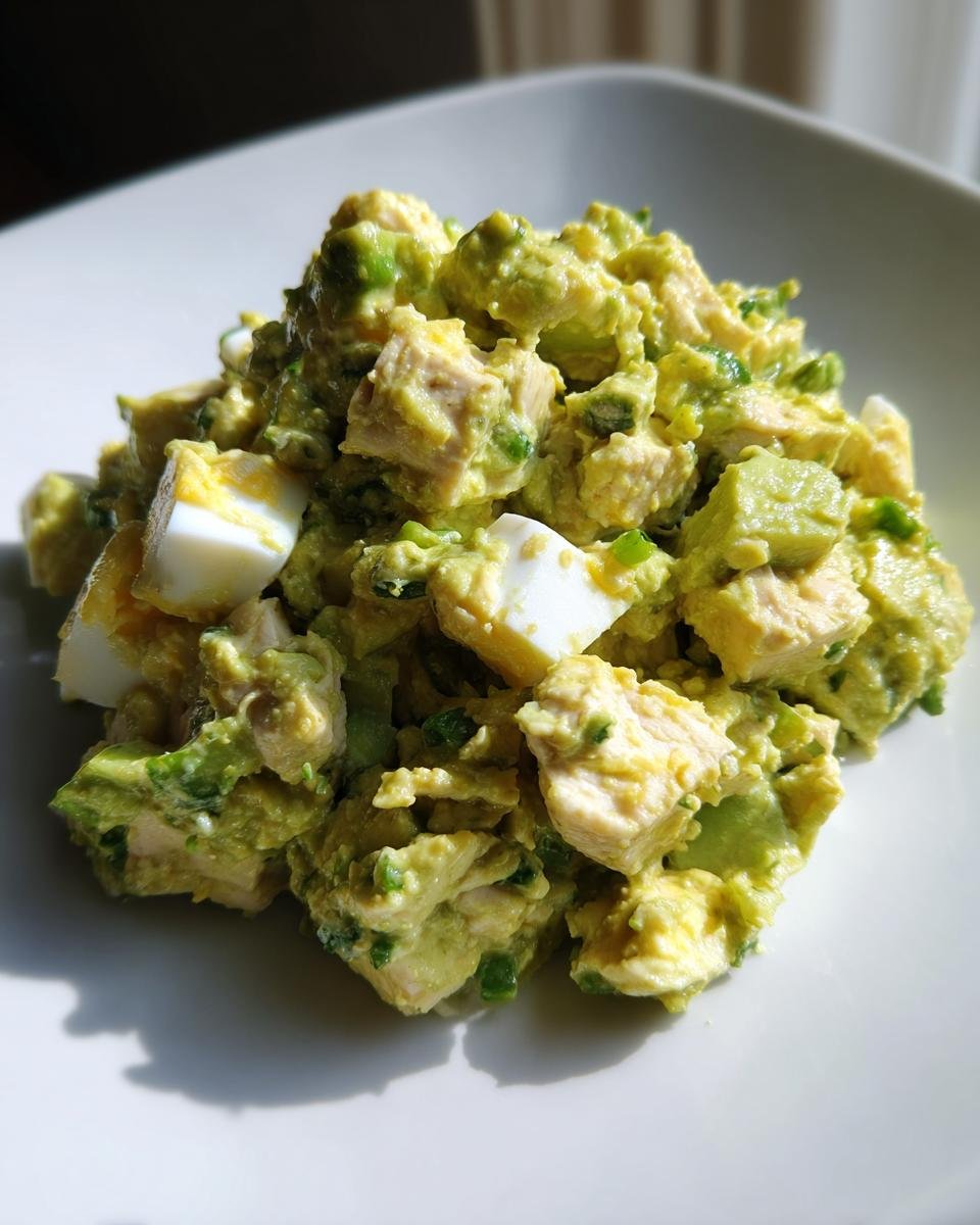 Nahaufnahme von Avocado Chicken Egg Salad mit St&uuml;cken von Huhn und Ei auf einem wei&szlig;en Teller.