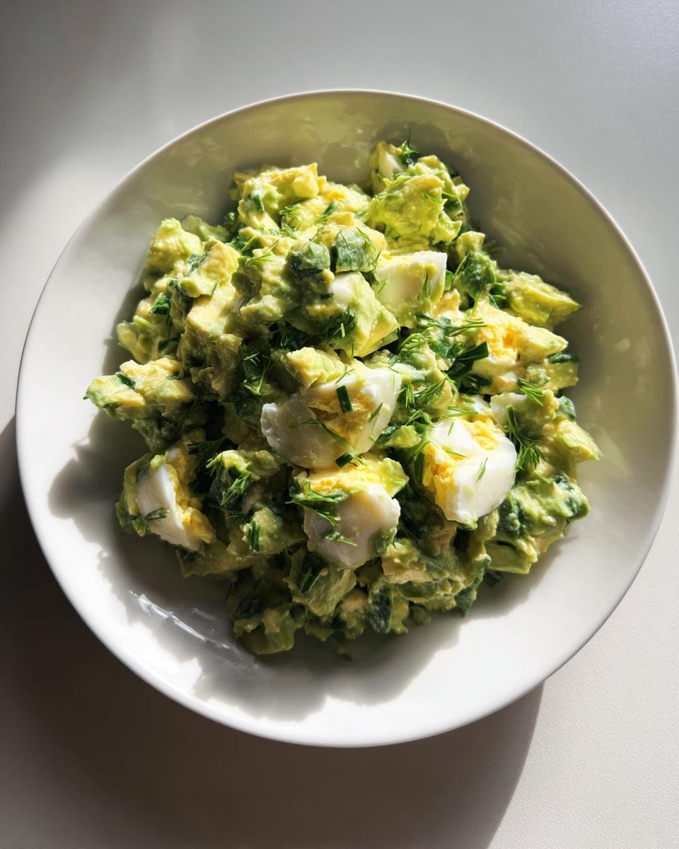 Nahaufnahme von Avocado Chicken Egg Salad mit Ei-St&uuml;cken und frischen Kr&auml;utern in einer wei&szlig;en Sch&uuml;ssel.