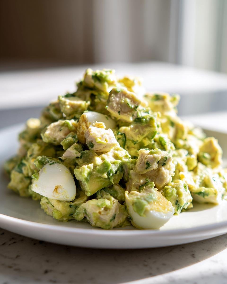 Nahaufnahme von cremigem Avocado Chicken Egg Salad mit H&uuml;hnchenst&uuml;cken und Ei auf einem wei&szlig;en Teller.