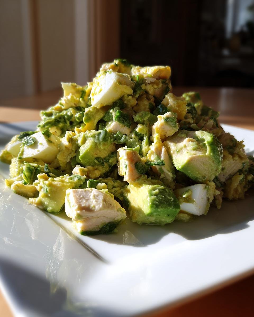 Nahaufnahme von cremigem Avocado Chicken Egg Salad mit St&uuml;cken von Avocado, H&auml;hnchen und Ei auf einem wei&szlig;en Teller.