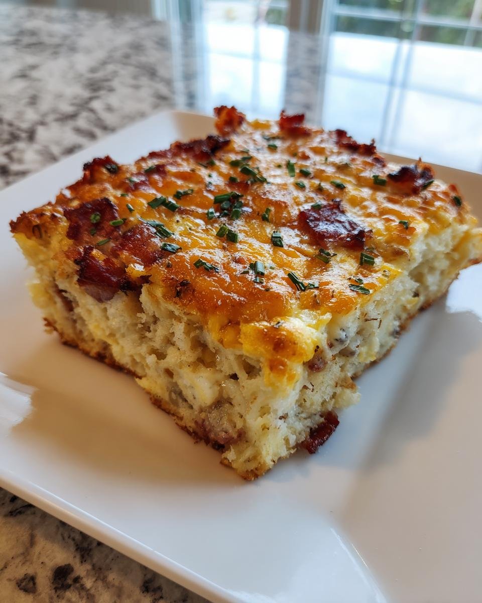 Ein St&uuml;ck Bacon And Eggs Breakfast Bake mit goldbraunem K&auml;se und Schnittlauch auf einem wei&szlig;en Teller.