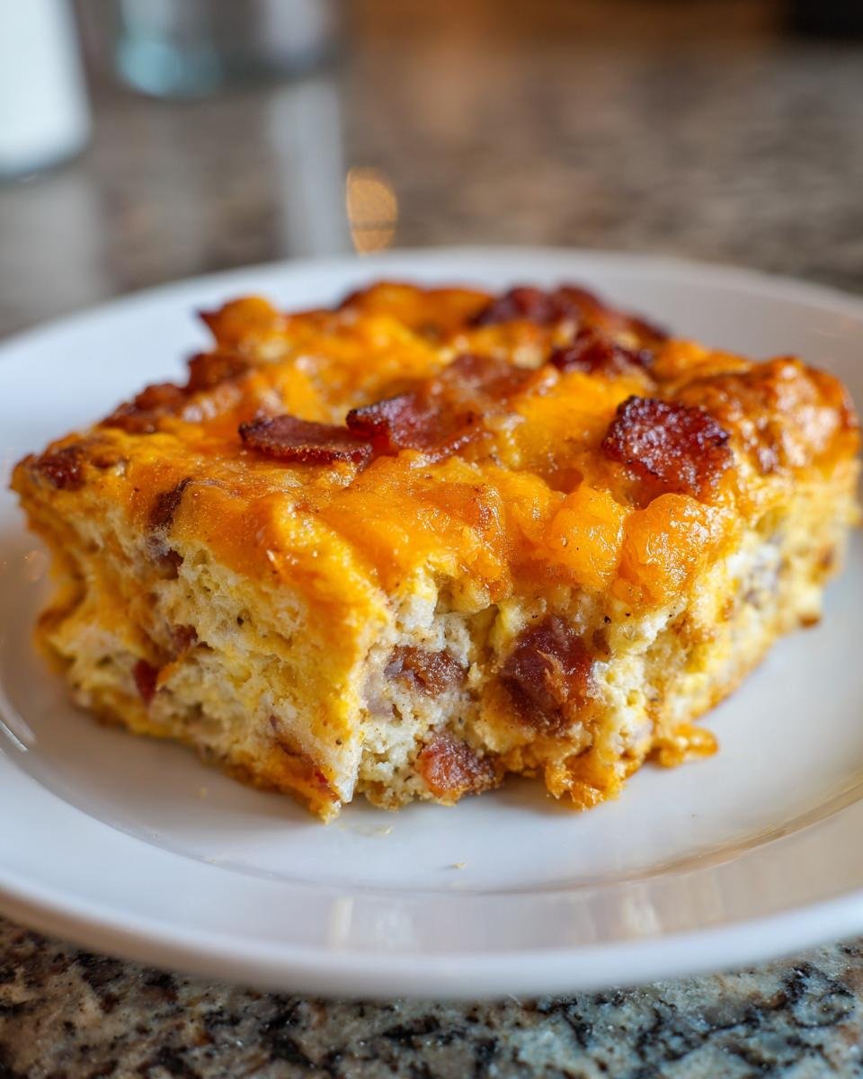 Nahaufnahme eines St&uuml;cks Bacon And Eggs Breakfast Bake mit geschmolzenem Cheddar-K&auml;se.