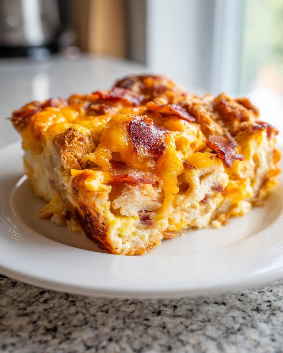 Ein St&uuml;ck Bacon And Eggs Breakfast Bake mit geschmolzenem Cheddar und knusprigem Speck auf einem wei&szlig;en Teller.