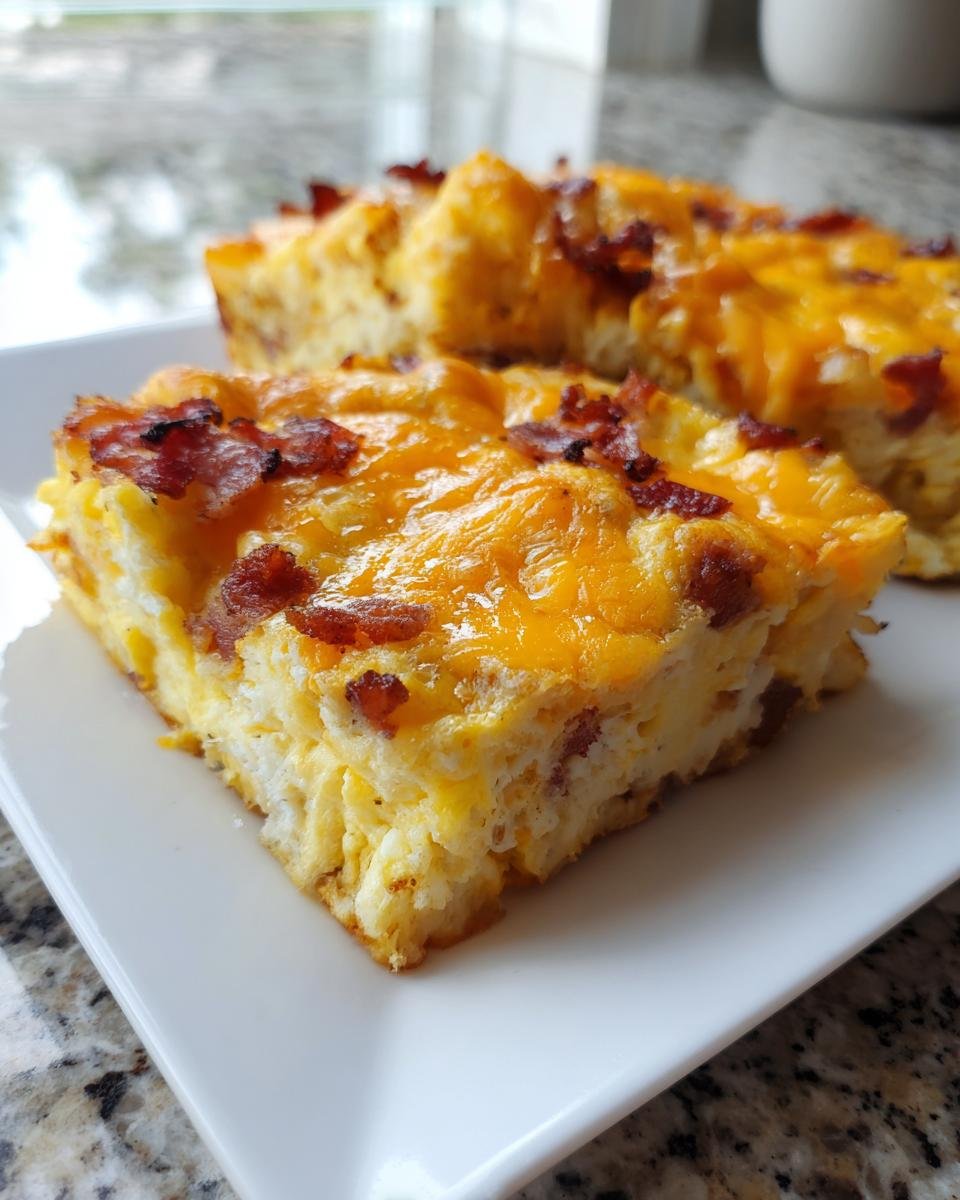 Ein St&uuml;ck Bacon And Eggs Breakfast Bake mit geschmolzenem K&auml;se und Speckst&uuml;ckchen auf einem wei&szlig;en Teller.