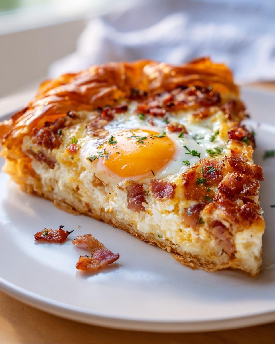 Nahaufnahme eines St&uuml;cks Bacon And Eggs Phyllo Breakfast Pizza mit Spiegelei und knusprigem Speck.